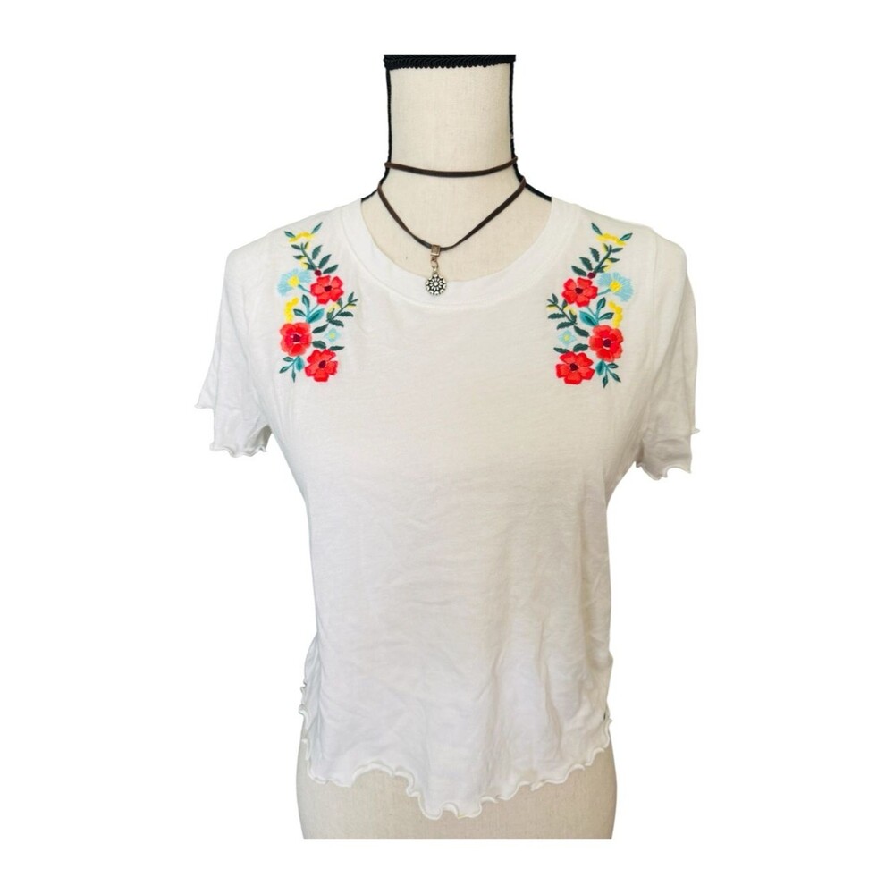 Hollister Women's Cropped T White Floral Embroidered Crew Lettuce Hem Y2K Top M